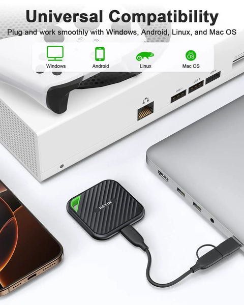 Ridiculously Fast 512GB USB C External SSD With Up To 2000MB Per Second Transfer Speed USB 3.2 Gen 2x2 Portable Solid State Drive connected to a laptop showing universal compatibility with various OS.