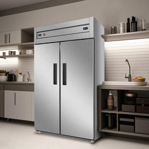Heavy Duty Commercial Refrigerator And Freezer Combo Sleek Stainless Steel Design with dual zone climate control in a modern kitchen.