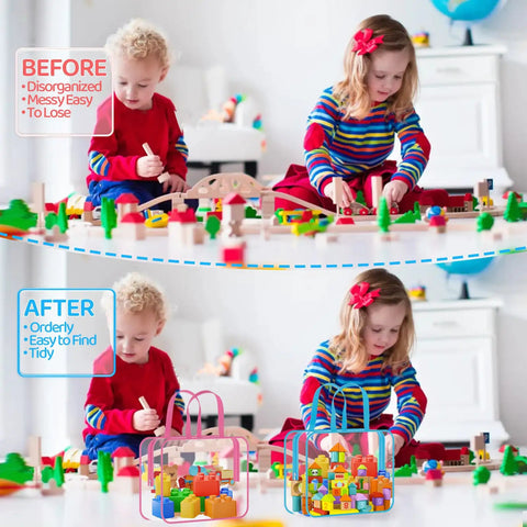 Six Pack Large Toy Storage Bags PVC Waterproof Organizers With Zipper And Handle for sorting kids' toys and blocks.