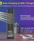 Rechargeable Voice Remote For Smart TVs With Solar Charging And Voice Search, Compatible With 2019-2026 Samsung TVs With Voice Control, Easy Replacement, Long Battery Life, Built-In Microphone, 2-Year Warranty on table with USB-C cable.