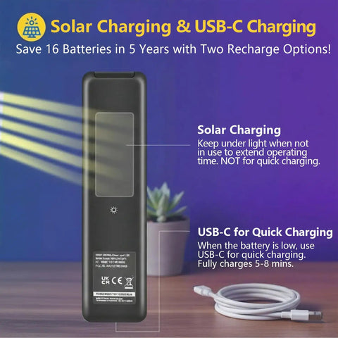 Rechargeable Voice Remote For Smart TVs With Solar Charging And Voice Search, Compatible With 2019-2026 Samsung TVs With Voice Control, Easy Replacement, Long Battery Life, Built-In Microphone, 2-Year Warranty on table with USB-C cable.