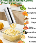 Cordless 5-In-1 Electric Pasta Maker Machine, Automatic Noodle Extruder With Powerful Motor And Potato Ricer mashing cooked potatoes.