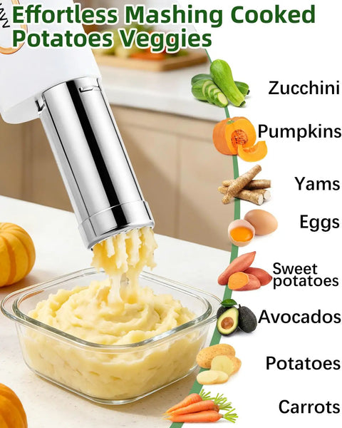 Cordless 5-In-1 Electric Pasta Maker Machine, Automatic Noodle Extruder With Powerful Motor And Potato Ricer mashing cooked potatoes.