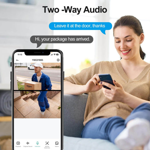 Woman using a phone with Wireless Video Doorbell With Dual Cams Front Door Security Cam And Ground View Includes Chime No Monthly Fee 2K HDR Night Vision Easy App Setup Real Time Alerts For Modern Home Security app interface on screen, showing delivery person.