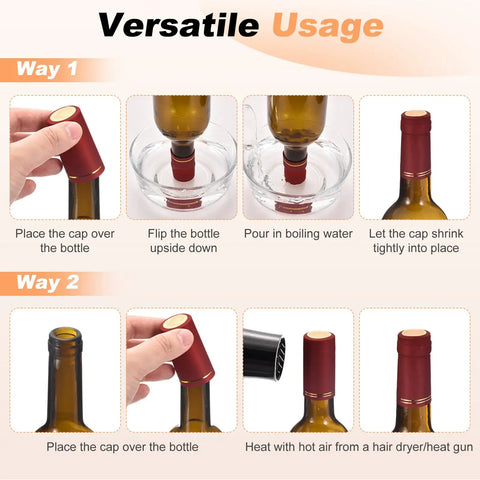 Top Shelf PVC Heat Shrink Bottle Caps Gold 30X60mm Size 50 Pack shown in versatile usage steps for sealing wine bottles.