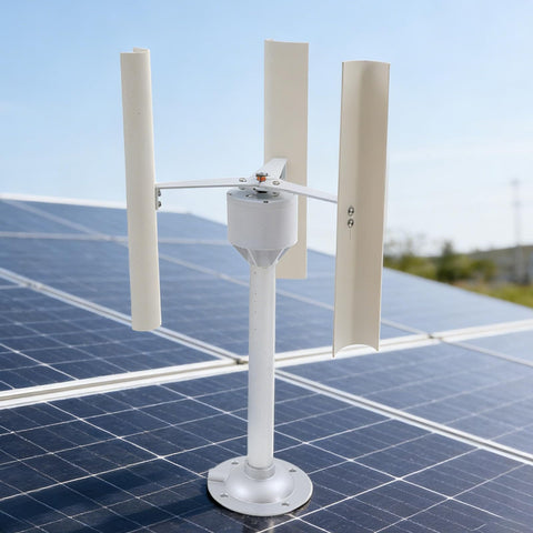 Three Blade Vertical Axis Wind Turbine Kit With 12V 40W 3-Phase Permanent Magnet Motor mounted on a solar panel