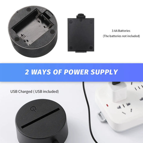 24 Pack 3D Night Light Bases With Clear Acrylic Sheets Remote Controls And USB Cables DIY Acrylic Lamp Base Kit With 16 Color Adjustable LEDs showing two power supply options, USB and battery.