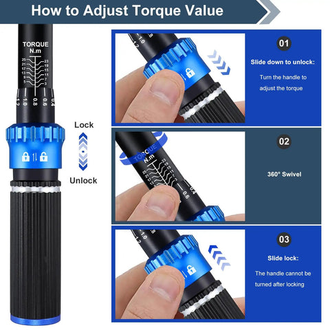 One Quarter Inch Torque Wrench For Bikes And More Dual Direction Precision Tool With 72 Tooth Drive 3 To 25 Newton Meters 22.6 To 221.3 Inch Pounds Ideal For Bike Motorcycle And Car Repairs, lock and torque scale