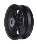 Heavy duty cast iron V-groove wheels with 6 inch diameter, ideal for industrial equipment, featuring high load capacity and durability.