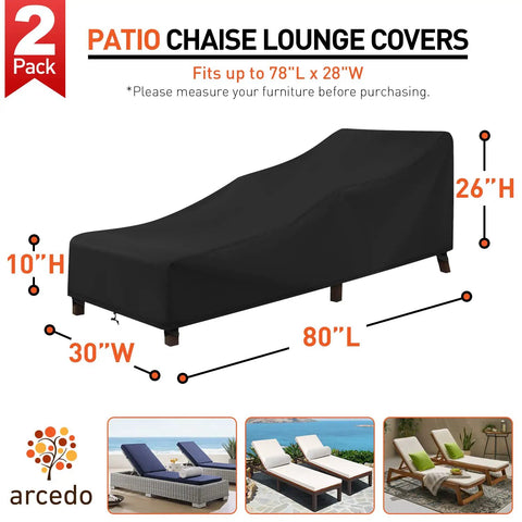 Waterproof Patio Chaise Lounge Cover Two Pack For Outdoor Loungers And Patio Furniture Keeps Your Chairs Dry And Protected With A Handy Storage Bag Fits Up To 78 Inches Long By 28 Inches Wide By 26 Inches High Black, black cover on chair with dimensions