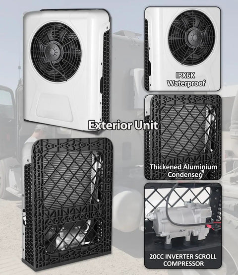 Exterior unit of 24V Mini Split Air Conditioner With Brushless Motor For Big Rig Sleepers, Semis, Vans And RVs, showing fan, condenser, compressor.