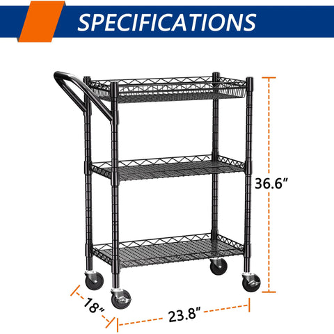 Three Tier Heavy Duty Rolling Utility Cart With Industrial Metal Frame And Handle Bar 18 In Deep By 23.8 In Wide By 36.6 In High