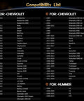 Compatibility list for No Hassle Tpms Relearn Tool For Gm Cars El 50448 showing various Chevrolet, Hummer models and years.