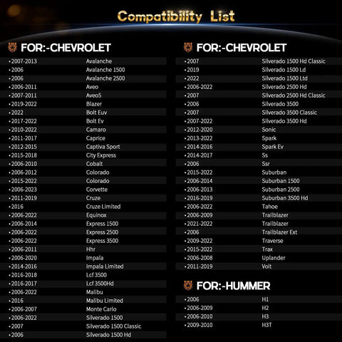 Compatibility list for No Hassle Tpms Relearn Tool For Gm Cars El 50448 showing various Chevrolet, Hummer models and years.