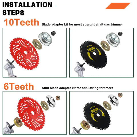 Heavy Duty Weed Eater Blade Kit With Adapter For Trimmer includes red and black 10 teeth blades with installation parts.