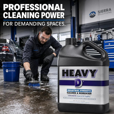 Heavy Lifter Industrial Degreaser Concentrate in use for cleaning shop floors, 128 oz bottle, scrubbing grease and grime.