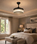 efperfect 42 Inch Black Crystal Fandelier Ceiling Fan with Light and Remote installed above a stylish bedroom setting.