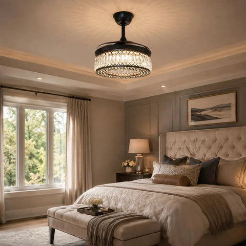efperfect 42 Inch Black Crystal Fandelier Ceiling Fan with Light and Remote installed above a stylish bedroom setting.