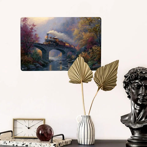 Dope Vintage Steam Locomotive Crossing Stone Arch Bridge Metal Tin Plaque Sign For Living Room Study Or Studio 8x12 Wall Art