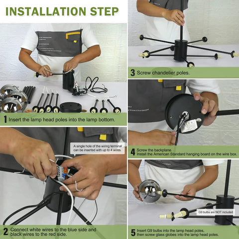 Installation steps for Six Light Black Glass Globe Sputnik Chandelier For Dining Room And Living Room with G9 socket