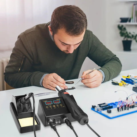 Slick 2 In 1 ReWork Soldering Station Rig combining hot air heat gun and iron kit with digital display used for circuit board repair.