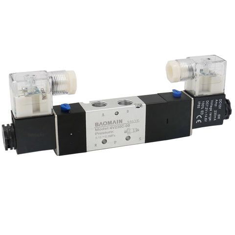 Internally Piloted 4V230C 08 Pneumatic Solenoid Valve 5 Way 3 Position DC 12V with visible connections and double control