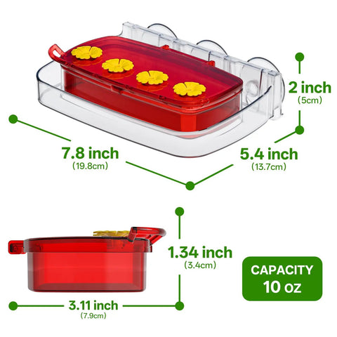 Diagram of Window Hummingbird Feeder With Strong Suction Cup No Fuss 10oz Red Outdoor Bird Feeder With Built In Moat, showing dimensions.