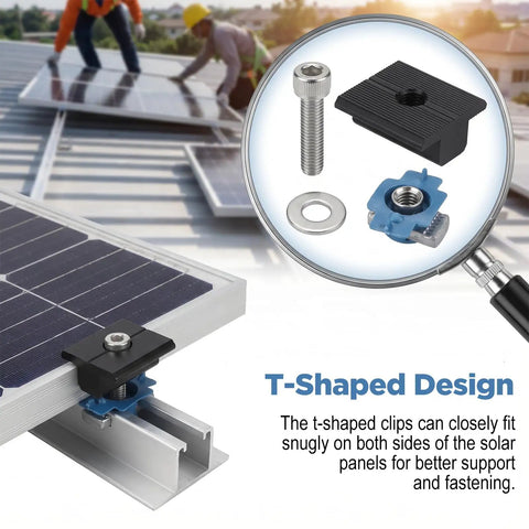 10 Piece Mid Clamp Kit For Solar Panels Compatible With Unistrut Rails 30mm And 35mm Aluminum Brackets shown with screws and nuts