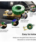Heavy Duty Two Pack Top Post Battery Disconnect Switch Built Tough And Ready To Rock With Plug And Play Master Kill Isolator for 12 Volt 24 Volt trucks with green knob and brass contacts.