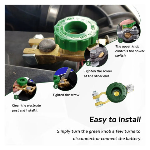 Heavy Duty Two Pack Top Post Battery Disconnect Switch Built Tough And Ready To Rock With Plug And Play Master Kill Isolator for 12 Volt 24 Volt trucks with green knob and brass contacts.
