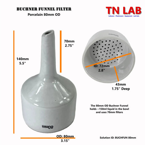 80mm Porcelain Buchner Funnel And 1L Heavy Wall Borosilicate Glass Vacuum Flask Filtration Kit with detailed measurements