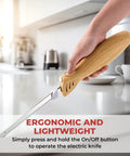 Prikoi Electric Carving Knife For Meat Slicing, Dual Stainless Blades, Easy Grip Handle, shown in hand with wood handle.