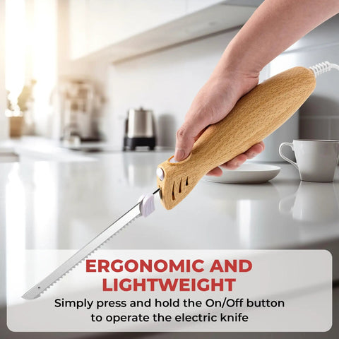Prikoi Electric Carving Knife For Meat Slicing, Dual Stainless Blades, Easy Grip Handle, shown in hand with wood handle.