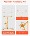 Yellow VEVOR drywall lift with adjustable telescoping arm, lockable wheels and winch, front/side views.