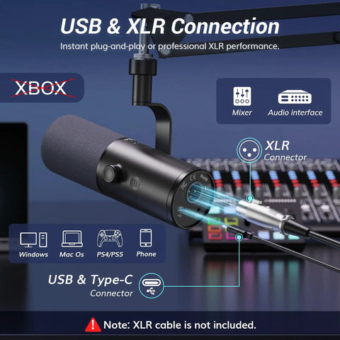 Dynamic Podcast Microphone For Studio With Cardioid XLR USB Outputs AI Noise Reduction and Boom Arm, Black TD510 Air H Plus