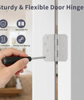 Premium 4 Inch Brushed Nickel Exterior Door Hinges 3 Pack Built Tough With Smooth Removable Pins And Installation Hardware Included For A No Sweat Upgrade To Your Home Entryway, showing installation with a screwdriver.