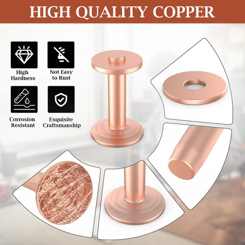 Copper Leather Rivets Kit With Burrs, Setter Tool And Punches, 50 Sets Of Pro Grade Leather Fasteners shown in high-quality copper details.