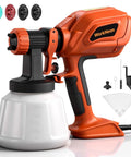 Professional Electric Paint Sprayer With 800W Motor And 1200ml Cup Includes Four Adjustable Nozzles For Three Flexible Patterns showing the tool and accessories.