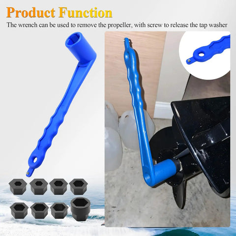 Universal Boat Prop Wrench Kit With Multiple Sockets For Outboards And Stern Drives Floating Propeller Tool For Nine Common Nut Sizes Fits One And One Sixteenth Inch Nuts Lightweight Blue Prop Nut Wrench Set