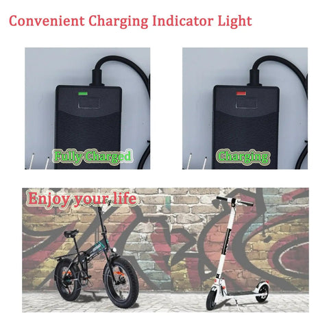 42V Electric Scooter Charger 2A 4 Prong Connector Replacement with red and green LED indicators showing charging status