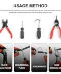 9 Piece Hose Clamp Pliers Set For Fuel Oil And Water Hoses, including Clic R swivel jaw pliers and screwdriver, usage method