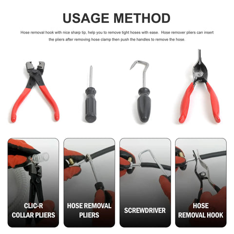 9 Piece Hose Clamp Pliers Set For Fuel Oil And Water Hoses, including Clic R swivel jaw pliers and screwdriver, usage method