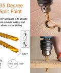 8 Piece Titanium Coated HSS Twist Drill Bit Set Featuring Serrated Side Cutting Edge Gonna Cut Clean Through Wood Plastic And Thin Metal Straight Up Built For Zero Hassle Use, showing 135° split point and precise drilling.