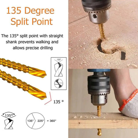 8 Piece Titanium Coated HSS Twist Drill Bit Set Featuring Serrated Side Cutting Edge Gonna Cut Clean Through Wood Plastic And Thin Metal Straight Up Built For Zero Hassle Use, showing 135° split point and precise drilling.