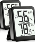 Two Pack Indoor Thermometer And Humidity Monitor With Digital Temp And Humidity Gauge, Real Time Readouts, Battery Included, Ideal For Home, Baby Nursery, Reptile Enclosures, And Greenhouses; two black tabletop units
