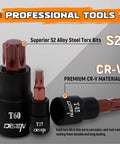 All In One Master Torx Bit Socket Set 42 Piece Heavy Duty High Torque Auto Mechanic Kit with S2 Alloy and CR-V materials.