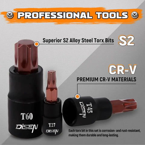 All In One Master Torx Bit Socket Set 42 Piece Heavy Duty High Torque Auto Mechanic Kit with S2 Alloy and CR-V materials.