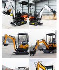 Compact Hydraulic Mini Excavator Workhorse for Farm and Home Projects in four views, small crawler digger visible.