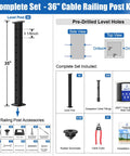Swageless Deck Cable Railing Kit With Four Black Thirty Six Inch Level Drilled Posts With Two Hundred Fifty Feet Of One Eighth Inch T316 Stainless Wire Rope Invisible Cable Railing System For Outdoor Decks And Porches No Handrail Post Kit LPS02 detailed product components image.