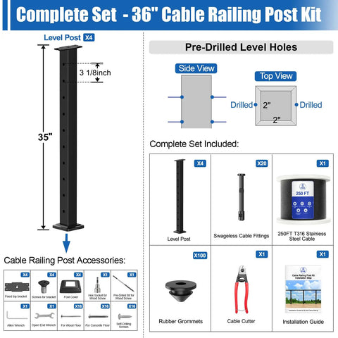 Swageless Deck Cable Railing Kit With Four Black Thirty Six Inch Level Drilled Posts With Two Hundred Fifty Feet Of One Eighth Inch T316 Stainless Wire Rope Invisible Cable Railing System For Outdoor Decks And Porches No Handrail Post Kit LPS02 detailed product components image.